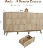 QUW Fluted 59.1" Wide Modern Dresser for Bedroom with 9 Drawers, Tall Chest of Drawers with Metal Handle, Wooden Dresser TV Stand, Hallway, Living Room, Natural Oak - Image 3