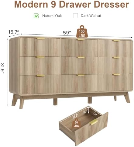 QUW Fluted 59.1" Wide Modern Dresser for Bedroom with 9 Drawers, Tall Chest of Drawers with Metal Handle, Wooden Dresser TV Stand, Hallway, Living Room, Natural Oak - Image 3