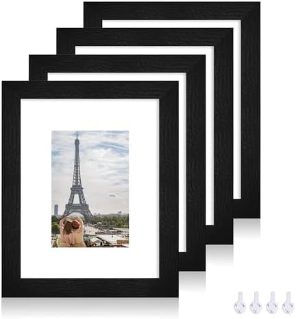 Hongkee 8x10 Picture Frame Set of 4, Made of Real Glass and Rustic Black Wooden Frame, 8 by 10 Photo for Wall or Tabletop - Display Picture 5x7 with Mat or 8x10 Without Mat by Hongkee