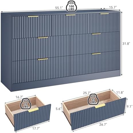 Blue Dresser with 7 Drawer 55" Wide Fluted Dresser for Bedroom丨Modern Chest of Drawer with Metal Handles, Wood TV Stand for Bedroom, Living Room, Entryway, Hallway, Blue - Image 2