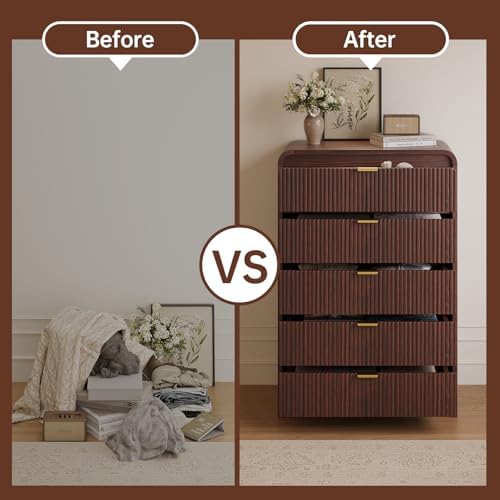 FURSUN Fluted 5 Drawers Dresser for Bedroom, 48" Tall Wooden Modern Dresser with Metal Handle, Curved Profile Design, Storage Organizer for Bedroom, Living Room, Hallway, Dark Walnut - Image 4