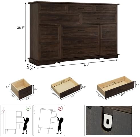 jiteentarou Farmhouse 12 Drawer Dresser for Bedroom,63” Wood Dresser & Chest of Drawers with Power Outlets,Large & Wide Dressers for Bedroom,Tall Storage Dresser Organizer(Rustic Brown) - Image 2