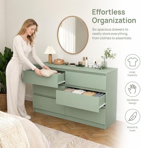 Green Dresser for Bedroom, Modern Large 6 Drawer Dresser with Deep Drawer,Wide Storage Chest of Drawers,TV Stand for Living Room - Image 6
