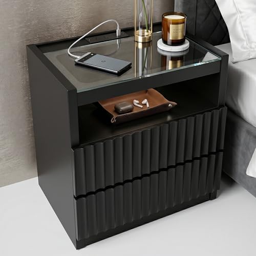 Modern Nightstand with Charging Station,Fluted 2 Drawers Bedside,Black Oak by SENLIN