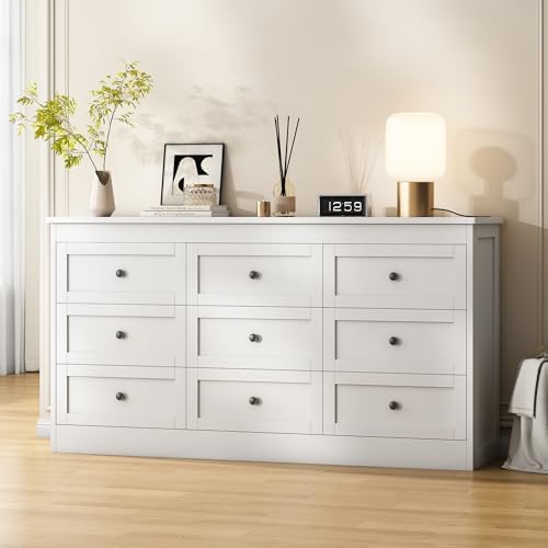 wanan 9 Drawer Dresser for Bedroom, White Modern 59'' Wide Wood Chest of Drawers, Dresser TV Stand, Storage Organizer with Metal Handles for Living Room, Hallway, Entryway - Image 5