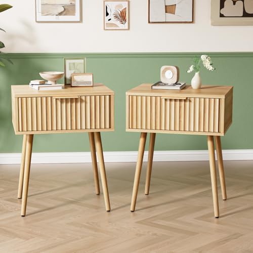 VINGLI Nightstands Set of 2, Fluted Night Stand with Drawer, Bedside Table, Wood Nightstand for Bedroom, Mid Century Modern End Tables, Natural Oak, 18.9" W*14.96" D*24" H by VINGLI