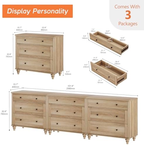 WAMPAT Wide 9 Drawer Dresser, Wooden Chest of Drawers for Bedroom, Oak - Image 2
