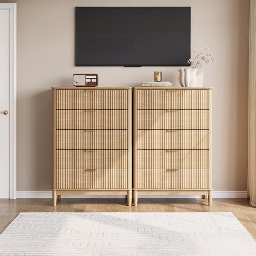 LINSY Fluted 5 Drawer Dresser for Bedroom, 46" Tall Mid-Century Modern Chest of Drawers, Deep Storage Dresser with Curved Corner Design, Large Accent Wood Cabinet for Bedroom, Oak - Image 3
