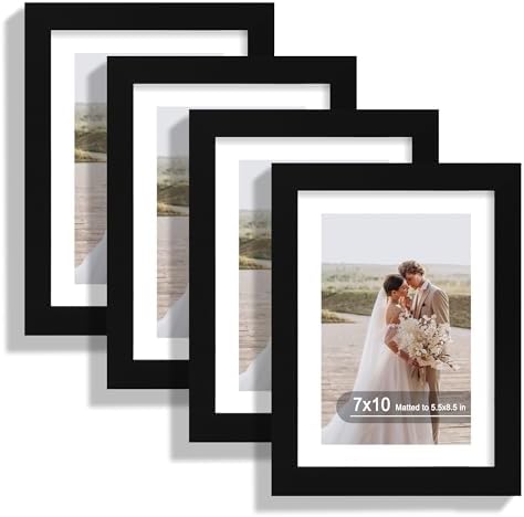 Hongkee 7x10 Picture Frame Set of 4, Made of Real Glass and Black Frame - Display 5.5 x 8.5 Diploma Frame with Mat or 7x10 Without Mat, 7 by 10 Photo for Wall or Tabletop by Hongkee