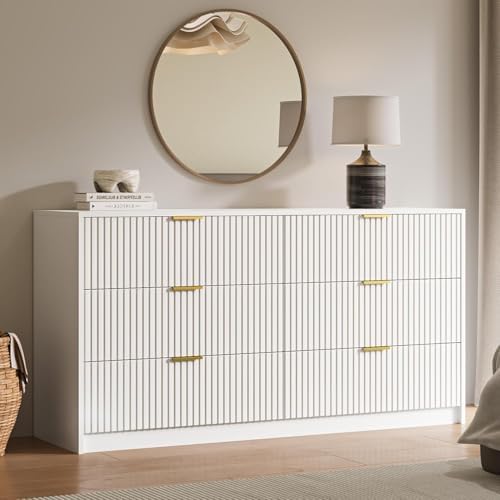MAISONARIA White 6 Drawer Dresser for Bedroom, 55" Wide Modern Chest of Drawers with Gold Metal Handles, Fluted Wood TV Stand for Living Room, Hallway - Image 3