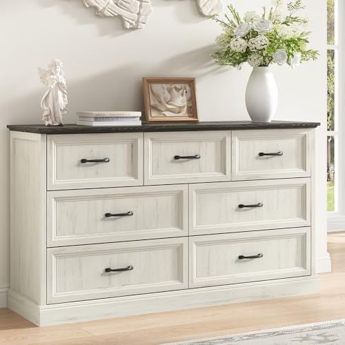 Farmhouse 7 Drawer Dresser for Bedroom, 55" White Dresser with TV Stand by CARPETNAL
