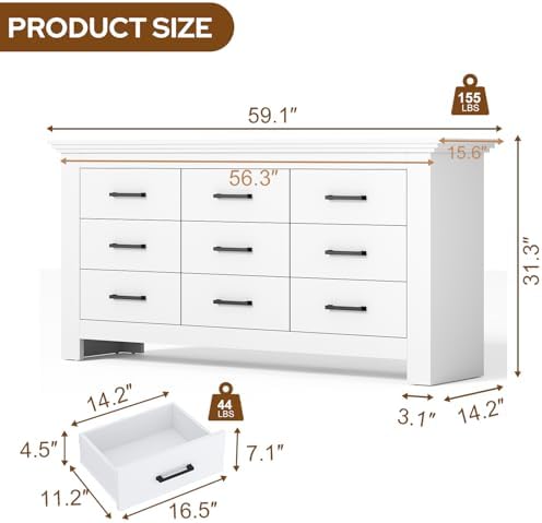 9 Drawer Dresser for Bedroom, Wood Dresser Chests of Drawers with Metal Handle, Triple Wide Dressers, Vintage Design Storage Chest Cabinet and Organizer Drawers for Closet, Hallway, Entryway, White - Image 2