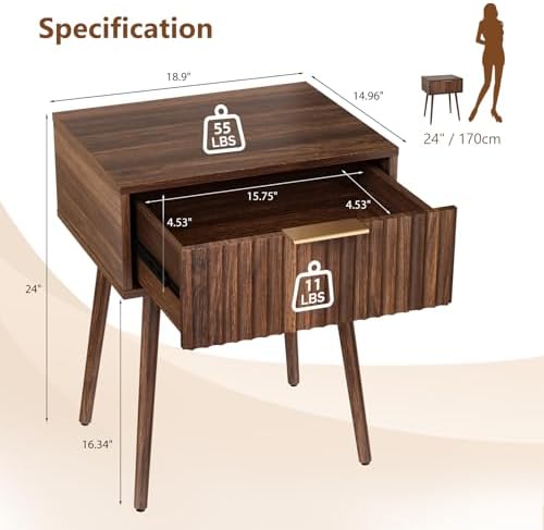 VINGLI Nightstands Set of 2, Fluted Night Stand with Drawer, Bedside Table, Wood Nightstand for Bedroom, Mid Century Modern End Tables, Walnut, 18.9" W*14.96" D*24" H - Image 2