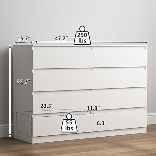 Vibe & Dine Double Dresser 8 Drawer, Modern Wooden Chest of Drawers with Wide Storage for Closet, Bedroom, Living Room, White - Image 3