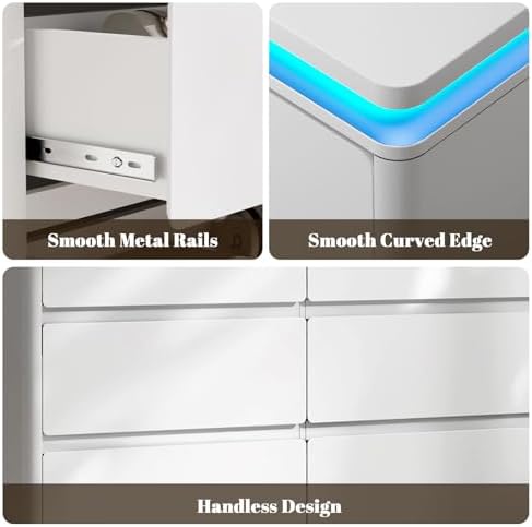 6 Drawer Dresser for Bedroom,47.24"Long White Chest of Drawers w/LED Lights - Image 6