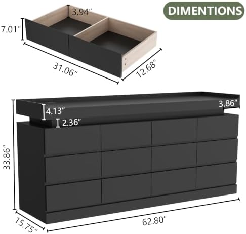 Gyfimoie 12 Drawer Dresser with Power Outlet, Modern Dresser with LED Light - Image 2