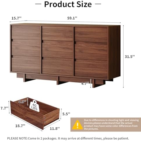 9 Drawer Walnut Dresser for Bedroom,59" Wide Mid Century Modern Dresser - Image 2