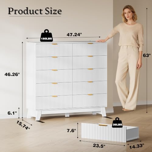BORNOON 46" Tall Dresser for Bedroom, 10-Drawer Fluted Chest of Drawers, Modern Wood Highboy with Metal Slides and Handles, Anti-Tip Kit, Vertical Clothes Storage Organizer for Apartment, Closet - Image 2