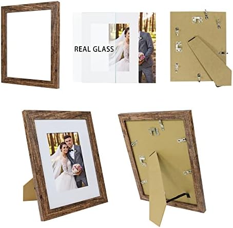 Hongkee 8x10 Picture Frame Set of 4, Made of Real Glass and Rustic Brown Wooden Frame, 8 by 10 Photo for Wall or Tabletop - Display Picture 5x7 with Mat or 8x10 Without Mat - Image 2