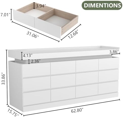 Gyfimoie 12 Drawer Dresser with Power Outlet, Modern Dresser with LED Light - Image 2