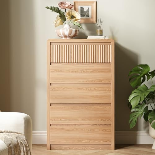 LYNSOM Oak Fluted 5 Drawer Dresser for Bedroom, Curved Edge, 48" Tall - Image 3