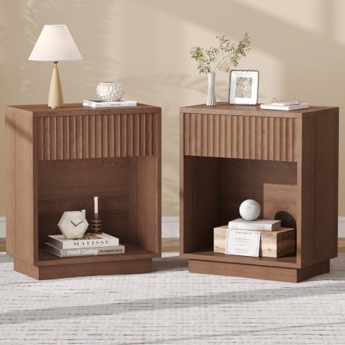 Fluted Nightstands Set of 2, Mid Century Bedside End Side Table by Zeibospri
