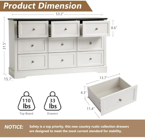 LOUVIXA Farmhouse Dresser 9 Drawer, Bedroom Chest of Drawers, Dressers with 9 Drawers, Wooden Dressers for Bedroom, Living Room, Tv Stand, Entryway(Off White-Brown) - Image 2