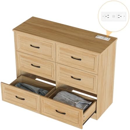 Fameill Dresser for Bedroom, 6 Drawer Wide Dresser Organizer with Charging Station for Hallway with Metal Handles, Oak - Image 6