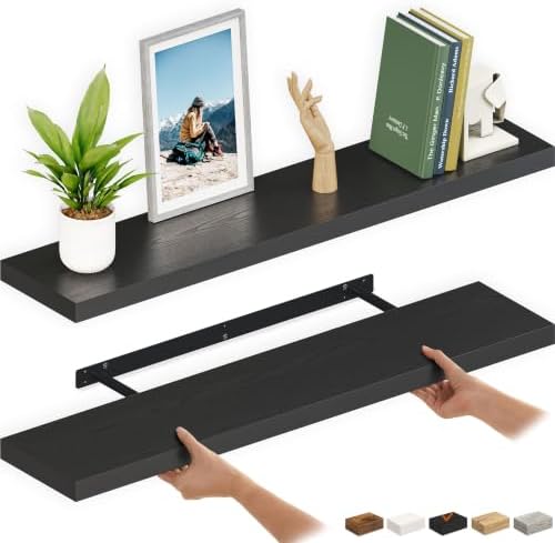 Ballucci Floating Shelves for Wall, 48" Wood Wall Shelf Set of 2, with Invisible Brackets for Bathroom, Living Room, Bedroom, Kitchen, Nursery, 8" Deep, Black by Ballucci