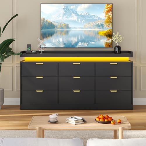 knoworld 9 Drawer Dresser for Bedroom, Black Dresser with LED Lights and Power Outlet, Large Wooden Dressers Modern Chest of Drawers, Triple Wide Drawer LED Dressers for Bedroom, Entryway, Hallway - Image 6