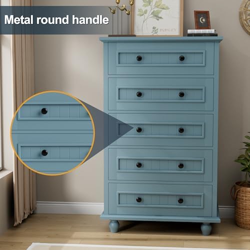 42.7'' Tall 5 Drawer Dresser for Bedroom, Vintage Blue Wood Storage Chest - Image 6