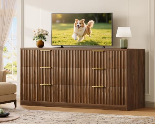 TEENFON Fluted 6 Drawer Dresser for Bedroom, Wide Modern Chest of Drawers with Metal Handle, Curved Profile Design, Wood Closet Clothes Storage Organizer for Bedroom, Hallway, Walnut - Image 5