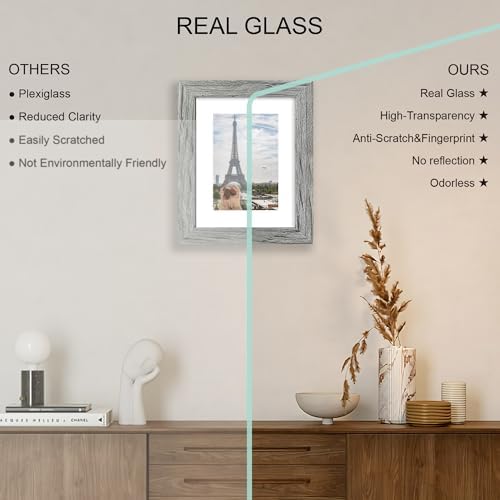 Hongkee 6x8 Picture Frame Set of 4, Made of Real Glass and Grey Frame - Display Picture 4x6 with Mat or 6x8 Without Mat, 6 by 8 Photo for Wall or Tabletop - Image 4