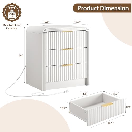 Decofy Fluted 3-Drawer Nightstand with Charging Station, Pure White - Image 2