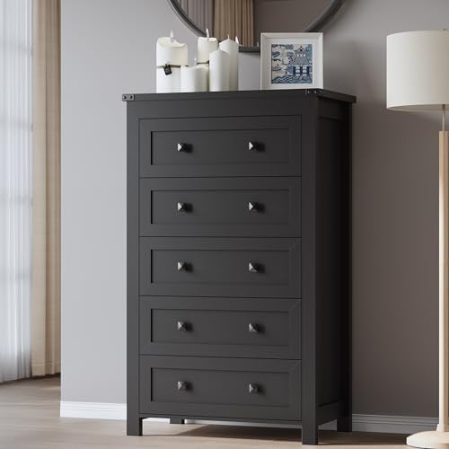 BORNOON Tall 5-Drawer Dresser, Modern Wooden Storage Chest of Drawers, Dresser TV Stand, Wood Drawer Organizer with Metal Handles for Bedroom, Living Room, Hallway by BORNOON