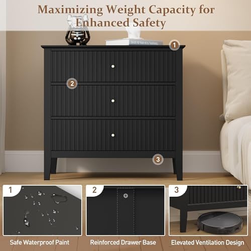 RoyalCraft Large 3 Drawer Dresser Set of 2, Fluted Chest of Drawers with Storage, Modern Painted 30 inch Tall Nightstand for Bedroom Living Room Entryway, Black - Image 5
