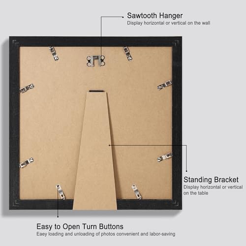Hongkee 12x12 Picture Frame Set of 4 - Made of Glass and Rustic Black Wooden Frame, Display Square Pictures 10x10 with Mat or 12 x 12 without Mat, Desktop & Wall Collage Photo Frame - Image 3