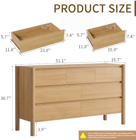 CHUWELL 51.1" Wide Oak 7 Drawer Dresser for Bedroom with Solid Wood Legs - Image 2