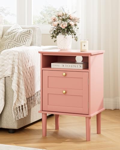 Nightstand, Boho Night Stand with 1 Drawers, Modern Side Accent Table with Open Shelf, Wooden Top Bedside End Table for Bedroom, Living Room, Pink - Image 4