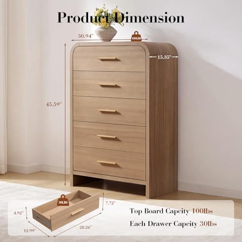 Curved Drawer Dresser for Bedroom with 5 Drawers, 31'' Wide Chest of Drawer - Image 2