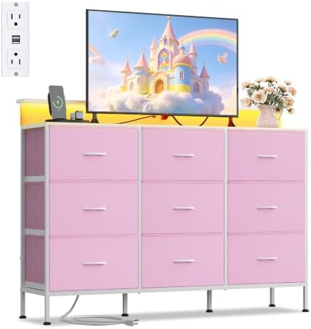 WLIVE Dresser TV Stand with LED Lights & Power Outlets for 55 Inch TV, Pink by WLIVE