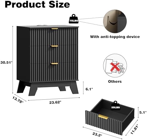 Xixini Fluted Nightstand with Charging Station, Tall Bedside Table, Black - Image 2