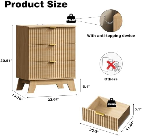 Xixini Fluted Nightstand with Charging Station, Tall Bedside Table, Oak - Image 2