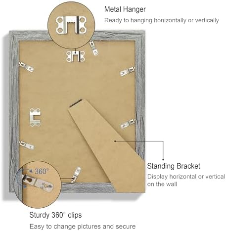 Hongkee 9x11 Picture Frame Set of 4, Made of Real Glass and Grey Frame - Display Picture 7x9 with Mat or 9x11 Without Mat, 9 by 11 Photo for Wall or Tabletop - Image 5