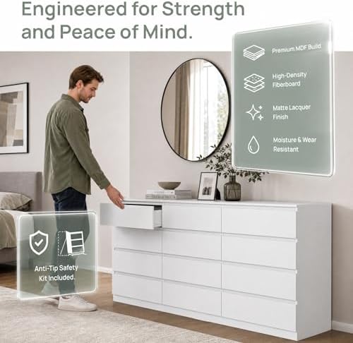 White 12 Drawer Dresser for Bedroom,Modern Long Deep Drawer Dresser,Wood Storage Chest of Drawer, Storage Organizer Drawers for Bedroom - Image 5