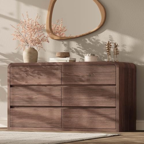 Modern 54" Wide 6 Drawers Dresser with Curved Profile Design,Walnut by TROJMHome