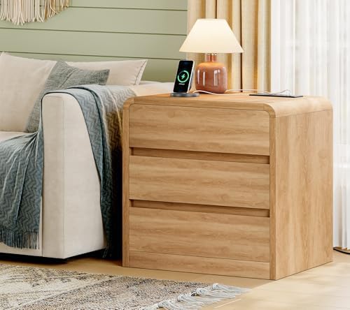 TEENFON Nightstands Set of 2, Night Stand with 3 Storage Drawer and Charging Station, Modern End Tables Wide Night Stands for Bedroom Sofa Couch Home Office, Natural - Image 6