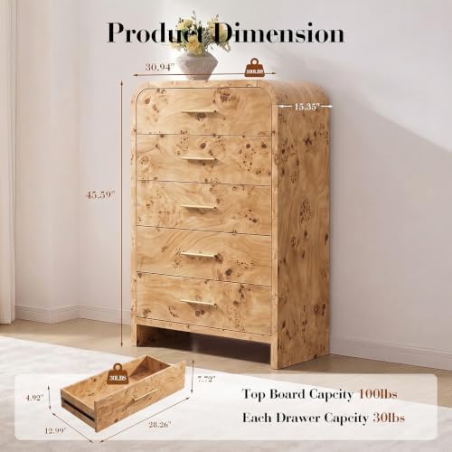 Curved Drawer Dresser for Bedroom with 5 Drawers, 31'' Wide Chest of Drawer - Image 2
