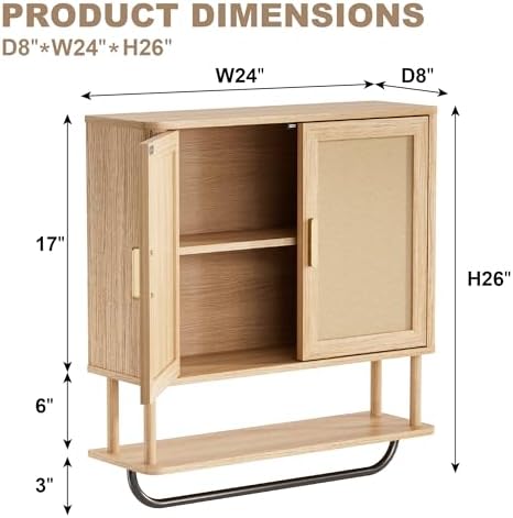 INNOD Rattan Bathroom Wall Cabinet with Towel Bar, Wall-Mounted Medicine Cabinet with Adjustable Wood Shelf & Doors, Over the Toilet Storage Cabinet for Laundry Room & Kitchen & Living Room - Image 2