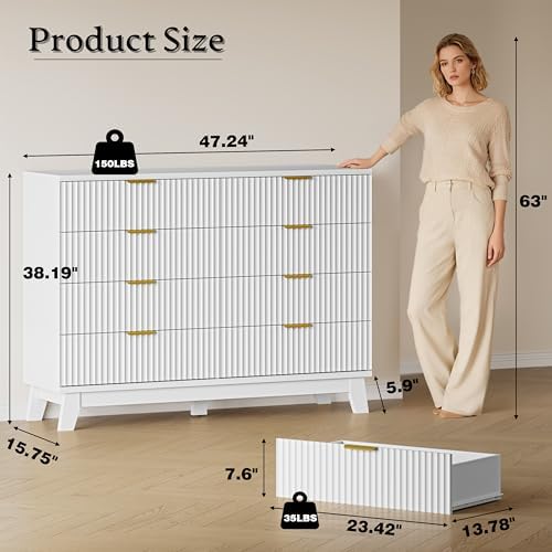 BORNOON Fluted 8 Drawer Tall Dresser, 47.2" Wide Modern Boho Chest of Drawers, Wooden Storage Dresser TV Stand for Bedroom, Living Room, Closet, Hallway, Curved Profile Design - Image 2